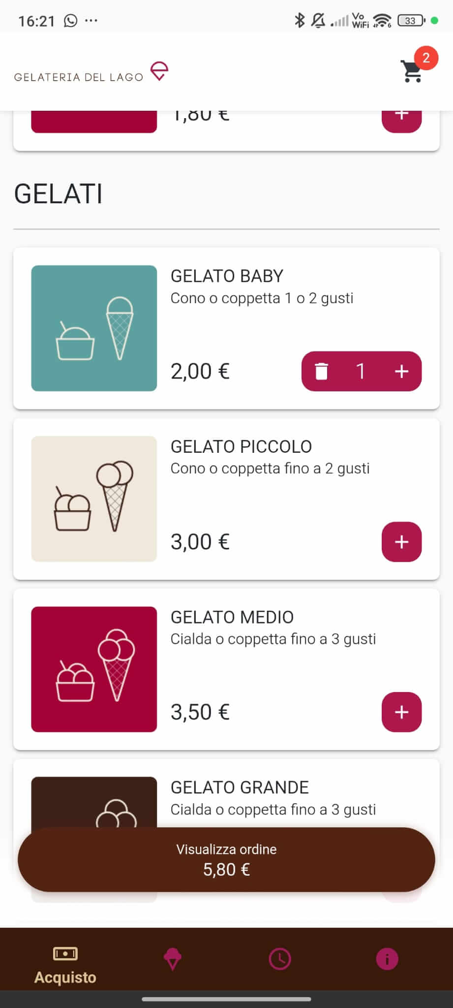 Schermata selezione prodotti